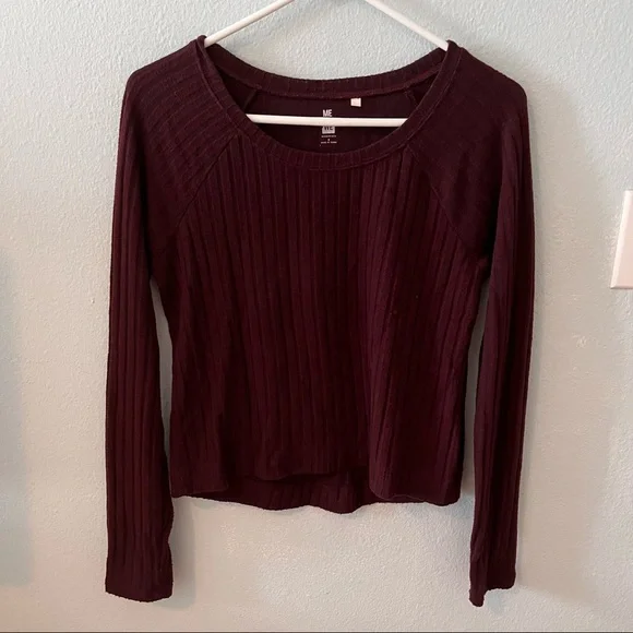Pacsun Burgundy Ribbed Round Neck Long Sleeve Top - Picture 1 of 7